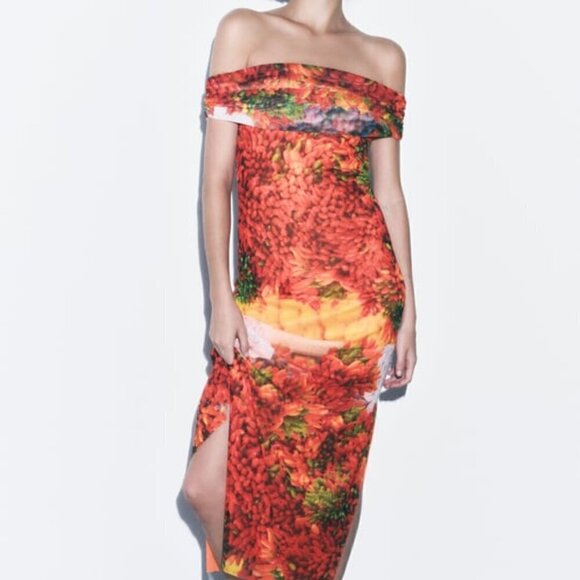 New Zara Picante All Over Print Over The Shoulder Tulle Maxi Dress NWT Small - Picture 2 of 12